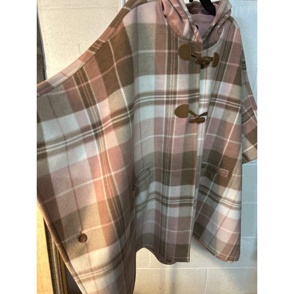 Rachel Rachel Roy Pink Tan Plaid Hooded Poncho Toggle Closure One Size OS